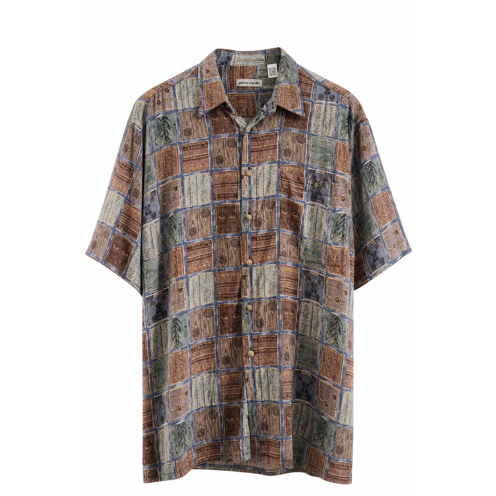 Pierre Cardin Vintage Rayon Shirt Earth Tone Patchwork Patterned Sz Large Resort